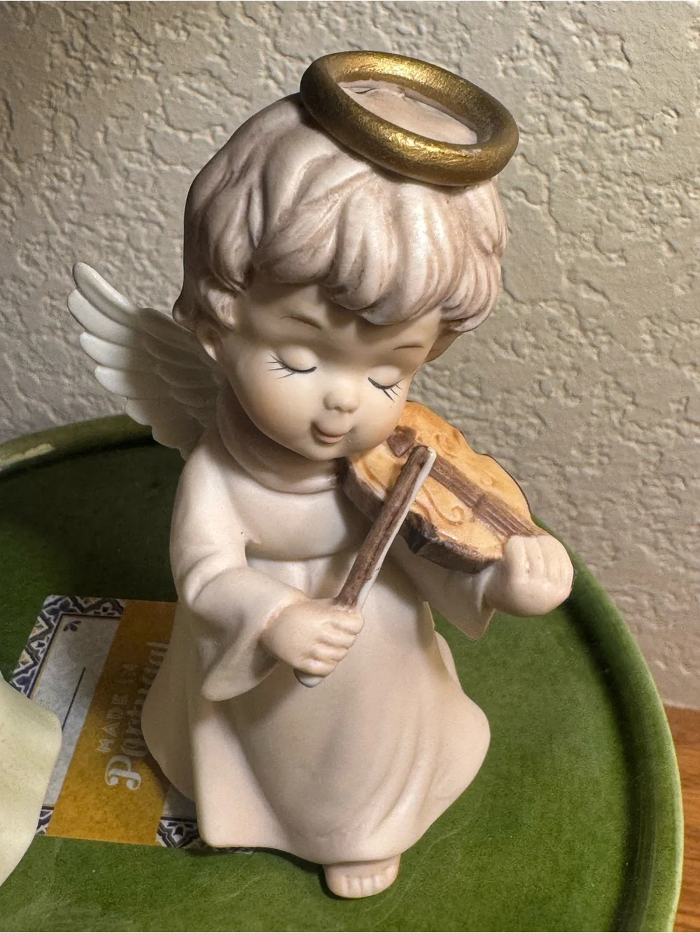 Lefton Pair of Ceramic Angel Figurines with Gold Halos - Cream and Green Accent